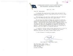 ["Rear Admiral T.W. Josiah expresses gratitude for meetings with the American Ambassador to Mexico and Admiral Nunez of the Mexican Navy regarding drug interdiction efforts along the Gulf Coast border. Direct communication has been established with the Mexican Navy to combat narcotics smuggling by lancha in the Gulf of Mexico. Plans are in place for Coast Guard staff to travel to Mexico City to finalize details, and a reception for senior Mexican officials will be hosted on a Coast Guard cutter in Tuxpan, Mexico in May."]