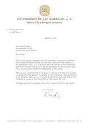 ["The President of the Universidad de las Americas is writing to the US Ambassador in Mexico to inquire about hosting their annual graduation dinner at the Ambassador's residence. The document expresses gratitude for past dinners and asks for confirmation of the event on June 16."]