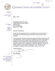 ["The document is a thank you letter from R.C. Schrader to Ambassador James R. Jones for his support and assistance during the visit of the President. Schrader expresses gratitude for the help received from Mr. John Fernandez and acknowledges the importance of the historic visit."]