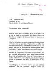 ["The document is a letter from Senator Amador Rodriguez Lozano to the US Ambassador in Mexico, James Jones, declining an invitation to a reception but sending a representative in his place. The document expresses support for the project being presented at the event and mentions previous discussions with university officials in Washington. The Senator will be unable to attend due to prior commitments, but he sends his regards and thanks for the invitation."]
