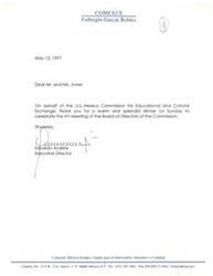["The document is a thank you note from Eduardo Andere, the Executive Director of the U.S.-Mexico Commission for Educational and Cultural Exchange, to Mr. and Ms. Jones for hosting a dinner to celebrate a meeting of the Commission's Board of Directors."]