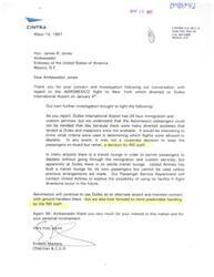 ["The document is a response from Cintra S.A. de C.V. to Ambassador James R. Jones regarding the diversion of an Aero Mxico flight to Dulles International Airport on January 4th. The document explains that the passengers were not allowed to deplane due to a lack of available inspectors and a sterile transit lounge at Dulles. Cintra S.A. de C.V. will explore using United Airlines' transit lounge for future flight diversions and expresses a desire for more predictable handling by INS staff. The document thanks the Ambassador for his concern and involvement in the matter."]