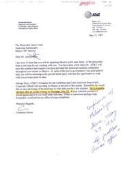 ["The document is from Cresencio Arcos of AT&T to the Honorable James Jones, the American Ambassador in Mexico. Arcos expresses appreciation for Jones' work and regrets his departure. He also mentions that AT&T's President will be visiting Mexico and requests a meeting with Jones."]