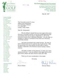 ["The document is a letter requesting members to serve on the Honorary Committee for the Dick Sewell Memorial Golf Tournament, which benefits the American Cancer Society. The tournament will be held on September 8, 1997 at the Kenwood Country Club in Bethesda, Maryland. Last year's tournament was successful, raising $20,000 for the American Cancer Society. The document asks for the recipients' participation and provides contact information for further details."]
