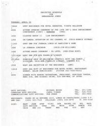 ["Ambassador Jones has a busy schedule on Tuesday, April 23, including attending the opening ceremony of the 14th International Drug Enforcement Conference, cluster group meetings, interviews, luncheons, award ceremonies, and receptions. The document also includes information about a meeting with United States State Representatives, a meeting with Carlos Slim, and a flight to Monterrey on Wednesday, April 24. The International Drug Enforcement Conference agenda for April 22-25 is also outlined in The document."]