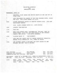 ["The document outlines a projected schedule for Ambassador Jones on Wednesday, April 24, including breakfast with Senator Eugenio Ruiz, meetings with various individuals and groups, and attending an event hosted by the Israeli Embassy. There are also details about duty officers and contact information provided. Additionally, there is a fax message requesting a meeting with Mr. Robert N. Burt from FMC Corporation to discuss supporting Mexico's economic recovery and business growth opportunities."]