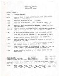 ["The document outlines the projected schedule for Ambassador Jones on Friday, April 26. It includes various meetings with different individuals, attendance at events, and a reception/dinner. The schedule also includes contact information for duty officers and details regarding a visit by Rear Admiral Appelbaum, Commander Coast Guard 11th District. Additional information about a request for an appointment to discuss a new twist on the gaming issue is also included."]