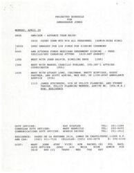 ["The document outlines the schedule for Ambassador Jones on Monday, April 29, including various meetings and events throughout the day. It also includes details about a signing ceremony for the Mexico Nature Conservation Fund and provides information about the speech the Ambassador will be giving at the event. Additionally, it mentions the participants and objectives of the ceremony."]