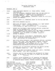 ["The document outlines the projected schedule for Ambassador Jones on Thursday, May 16, including various meetings, a press conference, and cocktail receptions. It also includes details about the American Charity Golf & Tennis Classic event, including a kickoff party, cocktail receptions, and the tournament schedule on Friday, May 17."]
