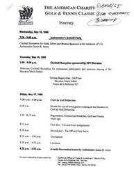 ["The document provides information about The American Charity Golf & Tennis Classic, including a schedule of events, participant information, hotel accommodations, and sponsors. The event includes a kickoff party, cocktail receptions, a tournament at Club de Golf Bellavista, and an awards presentation. Participants can pay a fee to play and support charities, while non-players can purchase tickets to attend the breakfast and luncheon. Hotel accommodations are available at the Sheraton Maria Isabel Hotel & Towers at a special rate, and reservations should be made through the hotel's Reservations Office."]