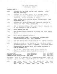 ["The document outlines the projected schedule for Ambassador Jones on May 21, including various courtesy calls, meetings, and events, such as the opening of an exhibit featuring United States artists living in Mexico. The Ambassador's speech at the exhibit focuses on the cultural interchange between the two countries and the influence of Mexico on the artists' work. There are also mentions of duty officers, contact information, and communication details."]