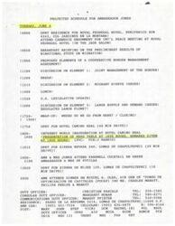 ["The document outlines the projected schedule for Ambassador Jones on June 4, including attending a meeting at the Royal Pedregal Hotel on elements of a cooperative border management agreement, a United States legislative update, and the Internet World Inauguration at Hotel Camino Real. The Ambassador is also invited to speak at the Inaugural Ceremony of Internet World Mexico 96."]