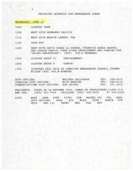 ["The document provides a projected schedule for Ambassador Jones on Wednesday, June 12, including meetings with various individuals and groups, as well as a courtesy call with Jamaican Ambassador Cordell Yvonne Wilson. It also includes contact information for duty officers and details about Ambassador Wilson's resume. Additionally, there is a fax exchange between the secretaries of the two ambassadors confirming the courtesy call."]