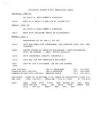 ["Ambassador Jones has a scheduled meeting with Mauricio Girvetz at Bellavista on Saturday, June 29, and with Guillermo Amore at Chapultepec on Sunday, June 30. On Monday, July 1, the ambassador will be out of the office all day and has a busy schedule including a visit to Centro de Estudios Bilinguals y Multiculturales. There is also a drop-by dinner at DCM Brayshaw's residence in the evening. The contact information for duty officers and other important personnel is provided."]
