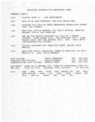 ["The document outlines the projected schedule for Ambassador Jones on Tuesday, July 2nd, including meetings with various individuals and organizations such as law enforcement officials, the Greek ambassador, American Express, and GE International Mexico. It also includes contact information for duty officers and details about upcoming visits from a group of experts for money laundering. Additionally, there is a request for a meeting with Ambassador Jones from GE International Mexico on either July 2nd or July 3rd."]