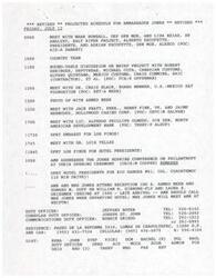 ["The document outlines the revised schedule for Ambassador Jones on July 12, including meetings with various individuals and organizations, a round-table discussion on a project, a photo op, and attendance at a conference and reception. It also includes memos regarding appointments with Dr. Craig Black and Hollywood Casino Corporation, as well as a fax requesting an audience with Licensee. Alfredo Phillips Olmedo. Finally, there are remarks by Ambassador James R. Jones at a reception inaugurating the English-language section of El Universal."]