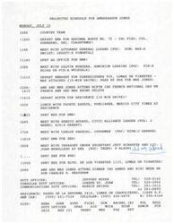 ["Ambassador Jones has a busy schedule for Monday, July 15, including meetings with various officials and business leaders in Mexico City. He and Mrs. Jones also attend a reception in honor of French National Day and have lunch with a publisher. The schedule for Saturday, July 13 and Sunday, July 14 includes a trip to San Miguel de Allende. Additionally, a memorandum discusses a request for an inquiry into the status of a PGR investigation involving human rights lawyer Dr. Maria Teresa Jardi."]