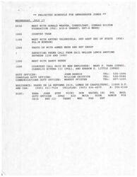 ["Ambassador Jones is scheduled to meet with Donald Weaver, a consultant for the Conrad Hilton Foundation, on July 17 at 0930. The foundation is interested in helping impoverished people, specifically in water resources development in Mexico. Weaver has also scheduled meetings with other officials during his visit. The foundation is considering funding a major water project in Mexico and is preparing a conceptual paper for evaluation by the Board of Directors."]