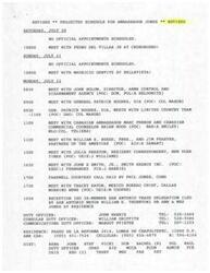 ["The revised schedule for Ambassador Jones includes meetings with various individuals and groups on July 22, as well as a farewell courtesy call and reception with a trade delegation from San Antonio. The document also includes requests for meetings from John E. Smith Jr. and Tracey Eaton, as well as a memo regarding a meeting request from Mike Dougherty and Ben Barnes."]