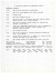 ["The document outlines the projected schedule for Ambassador Jones in Mexico City, including meetings with various individuals, a lunch with Congressman Solomon Ortiz, and a dinner with Guillermo Salas Peyro. Additionally, there is a message confirming a meeting with Irwin Altschuler regarding a trade issue concerning corn brooms. Altschuler expresses concern about potential trade sanctions between the United States and Mexico and requests a meeting with the Ambassador to discuss the matter further."]