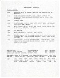 ["The Ambassador's schedule for Friday, August 9 includes meetings with various individuals and organizations, a lunch with the Mexico D.F. Attorney General and a courtesy call with new employees. The schedule also includes contact information for duty officers and details about a meeting with Lockheed Martin personnel. Additionally, there is a request for Stan Pimentel to accompany the Ambassador to a lunch meeting."]