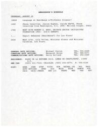 ["The document outlines the schedule of the ambassador on August 15, including language sessions, phone interviews, meetings, and duty officers. It also discusses a request for an interview from Inside NAFTA, detailing the content and importance of the newsletter. Additionally, The document includes excerpts from Inside NAFTA discussing NAFTA implementation, trade policy, and disputes between the United States and Mexico."]
