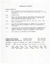 ["The document provides the schedule for the ambassador on Friday, August 16, including meetings with various individuals and organizations, as well as details about the duties of different officers at the embassy. It also includes invitations to the ambassador for events hosted by the Camara Nacional de Comercio de la Ciudad de Mexico. Additionally, there is a letter from a consular agent in Oaxaca thanking the ambassador for a meeting and discussing his son's potential enlistment in the United States Navy."]