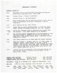 ["The Ambassador has a busy schedule on Tuesday, August 20, including meetings with various groups and individuals, attending a luncheon and banquet, and meeting with representatives from Boise Cascade. The day ends with a cocktail event with the Polish Ambassador. The schedule also includes contact information for duty officers and the Ambassador's residence."]