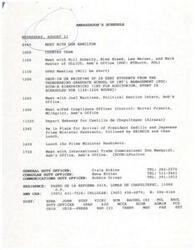 ["The Ambassador has a busy schedule on Wednesday, August 21, including meetings with various individuals and groups, a briefing for executive students from Thunderbird Graduate School of International Management, and a lunch with the Prime Minister of Japan. There are also requests for drop-in visits and meetings with compliance officers regarding unauthorized information release. Additionally, there are plans for future meetings with ULLICO representatives and discussions on pension systems."]