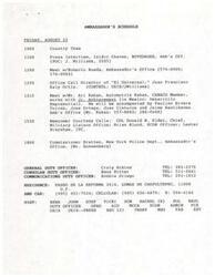 ["The Ambassador has a busy schedule on Friday, August 23, including meetings with the Country Team, press interviews, and various business meetings. There are also requests for interviews from Mexican media regarding U.S-Mexican relations, which are recommended to be scheduled over the next few weeks. Additionally, there is a request for an office call from the Director of El Universal to discuss a personal matter and an invitation to a \"despedida\" at the Director's home in November or December."]