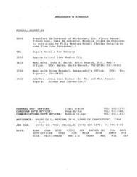 ["The Ambassador's schedule includes a breakfast meeting with the Governor of Michoacan, a meeting with business associates in Mexico City, and a dinner event. Additionally, a memorandum discusses a meeting with government officials from Michoacan who are working to improve the state's economy and security. They are seeking assistance from the Ambassador to open the avocado market to the United States."]