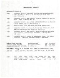 ["The document outlines the schedule and activities of Commerce Under Secretary Eizenstat during his visit to Mexico City. It includes meetings with Mexican government officials, business organizations, and Congressmen and Senators, as well as a press event and dinner hosted by the Ambassador. The document also includes contact information for duty officers and details about the delegation's departure from Mexico City."]