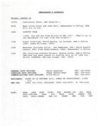 ["The Ambassador has a busy schedule on Friday, August 30, with various meetings, interviews, and newcomer courtesy calls planned. The Ambassador will also be receiving visitors at the Residence and conducting interviews with the press. Duty officers for various departments are also listed, along with contact information for the Ambassador's car and residence."]