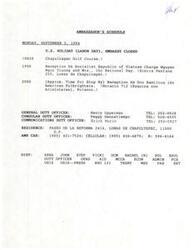 ["The Ambassador's schedule for Monday, September 2, 1996 includes a United States holiday, Labor Day, with the embassy closed. Events on the schedule include a golf course visit, a reception for the Socialist Republic of Vietnam Charge, and a reception for American Fulbrighters. Contact information for duty officers and the ambassador's residence is also provided."]