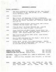 ["The Ambassador has a busy schedule on Friday, September 6, including hosting a breakfast with the Presidents of PRI, PAN, and PRD, meeting with Bell Helicopter Textron, and interviews with media outlets. There are also meetings with political figures and social events in the evening. The schedule includes contact information for duty officers and the Ambassador's residence. There are also updates on upcoming visits and interview requests for the Ambassador."]
