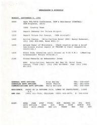 ["The document outlines the schedule and key events for Ambassador James R. Jones at the Latin America Telecommunications Conference in Cancun, Mexico on September 9-12, 1996. It includes details about travel, meetings, and dinner arrangements, as well as remarks made by the Ambassador highlighting the importance of the telecommunications industry in strengthening relationships and improving quality of life in the region. The document also emphasizes the cooperation between the United States and Mexico in the telecommunications sector and the potential for further collaboration and regulatory changes."]