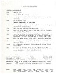 ["The document outlines the schedule for the Ambassador on Tuesday, September 10, including meetings with various individuals, interviews, receptions, and duties at the Embassy. It also includes a memo regarding hosting a reception for the new executive director of the Fulbright-Garcia Robles Commission."]