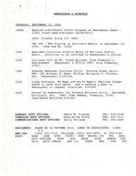 ["The document outlines the schedule for the Ambassador on Thursday, September 12, 1996. It includes meetings with various individuals, a recorded interview with National Public Radio, and a dinner with the Finance Minister. There is also a request for an interview from United States News and World Report, and details about a proposed reception for the State of the World Forum."]
