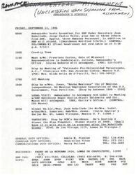 ["The document outlines the schedule of activities for the US Ambassador in Mexico on Friday, September 13, 1996. It includes meetings with various officials, attendance at cultural events, and a dinner. There are also invitations to events such as a breakfast and a Mexican Independence celebration. The document also includes contact information for duty officers and details about the Ambassador's car and residence."]