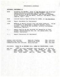 ["The Ambassador's schedule for Saturday, September 14 includes breakfast with Principal Deputy Secretary of Defense Jan Local, a limited Country Team briefing, attending a wedding in Cuernavaca, and returning to the Residence. Jan Local has an extensive background in national security policy and arms control, and will discuss various topics with the Ambassador during breakfast. Other talking points include the Defense Ministerial of the Americas, the cap on United States military personnel in Mexico, helicopter transfers, and the Bilateral Working Group process."]