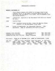 ["The ambassador's schedule for Monday, September 23 includes various meetings and events, such as a luncheon and dinner. The document also provides contact information for duty officers and details about the ambassador's residence and car. Additionally, information about Sally A. Shelton, Assistant Administrator for Global Programs at the United States Agency for International Development, is included, detailing her background and experience. There is also a note about hosting a dinner for Sally Shelton on September 23 and confirming the guest list."]