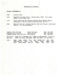 ["The Ambassador has a busy schedule on Friday, September 27, including meetings with the Country Team, press interview with Reuters Bureau Chief, and meeting with Gov. Sanchez Ugarte and Fausto Zapata. The Ambassador's contact information and duty officers are listed, along with possible topics for the Reuters interview. A request for an interview with the Ambassador from Reuters Bureau Chief Michael Stott is also mentioned in a memo."]