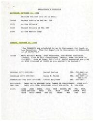 ["The ambassador's schedule for October 12th and 13th includes traveling from Dublin to Mexico City, meeting with various individuals, and attending a lunch in Cuernavaca. There are also contact details for duty officers and the ambassador's residence. Additionally, there is a note about appointments for Tarnoff and a request to move a specific appointment."]