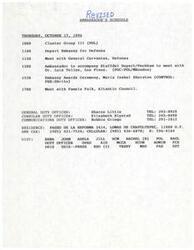 ["The document outlines the schedule for the Ambassador on Thursday, October 17, 1996, including meetings with various officials and an awards ceremony. It also includes details about duty officers and contact information. Additionally, there is a memo regarding an agenda for a Cluster III Democracy Group meeting and details about the mechanics of the awards ceremony. Lastly, there are draft remarks for the Ambassador for the awards ceremony and information about the Atlantic Council."]