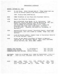 ["The document outlines the schedule for an ambassador on Monday, October 28, 1996, including meetings with various individuals and organizations in Mexico. It also includes information about a meeting with Morelos businessmen to discuss exporting to the United States, with recommendations on how to address the topic based on the success of Mexican exporters under NAFTA. Additionally, a list of American businesses in Morelia is provided for reference."]
