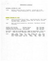 ["The document provides the schedule for the Ambassador on October 26 and 27, 1996, including attending a wedding and a paella event. It also includes contact information for duty officers and the Ambassador's residence. Additionally, there is an invitation from Alfonso Garcia Cacho for the Ambassador to join a group for a paella event at his home."]