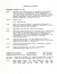 ["The document outlines the schedule of the Ambassador for Wednesday, October 30, 1996, including meetings with government officials, business meetings, lunch with prominent businessmen, a courtesy call by a Boy Scout Troop, and a press interview. It also includes biographical information on the new Defense and Army Attache, COL Benjamin Vega, Jr."]