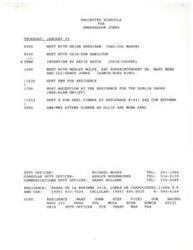 ["The projected schedule for Ambassador Jones on Thursday, January 25 includes meetings with various individuals and organizations, an interview, hosting a reception, and attending a dinner. The schedule also includes contact information for duty officers and details about the residence. Additionally, there are memos regarding upcoming meetings and discussions about scheduling a meeting to discuss the American School. The document also includes a thank you letter from Katie Hatch to Ambassador Jones for his appearance in Cuernavaca."]