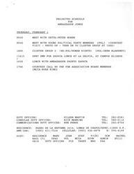 ["The projected schedule for Ambassador Jones on Thursday, February 1 includes meetings with various political party members, a lunch with Ambassador Fausto Zapata, and a courtesy call by the FSN Association Board members. There are also duty officers listed for various departments. Additionally, there are memos regarding a postponed meeting with young political leaders and a request for an introductory courtesy call with the FSN Association Board."]