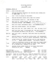 ["The projected schedule for Ambassador Jones on Thursday, March 28 includes a breakfast with selected Mexican journalists, meetings with various executives and officials, attending a cotton event, and a dinner hosted by the World Presidents' Organization. There are also notes about coordinating with Mrs. Jones for a dinner event and contact information for duty officers. Additionally, there are memos about scheduling appointments with Dr. Robert Pastor and Texas Instruments executives."]